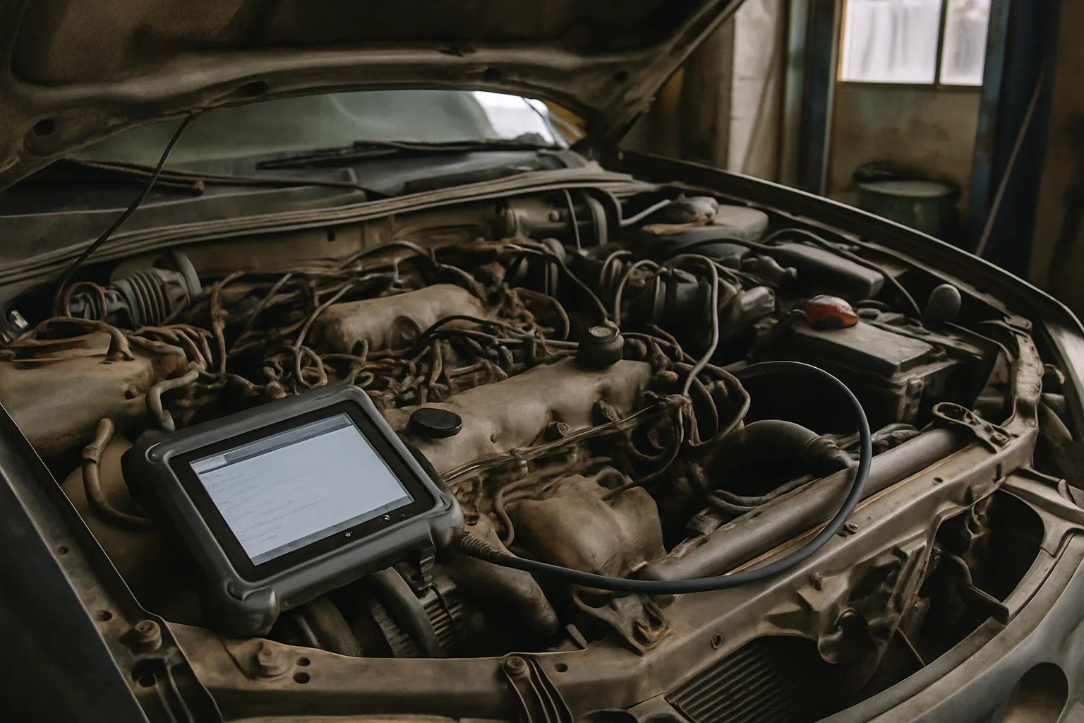 Engine diagnostics in progress with scanner connected